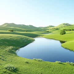 Fototapeta premium Serene mountain lake reflecting a clear sky, perfect balance of nature and calm, 3D illustration