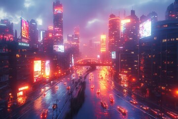 Obraz premium futuristic racing circuit at twilight sleek track winding through neonlit cityscape holographic advertisements packed grandstands electric atmosphere