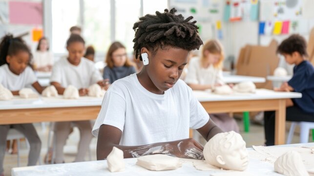 Focused boy sculpting clay in diverse classroom art workshop with peers