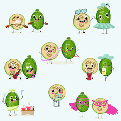 Obraz premium Cute feijoa fruit characters set, collection. Flat vector illustration. Activities, playing musical instruments, sports, funny fruits.
