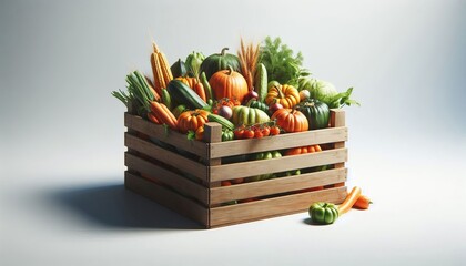 Wooden Crate Overflowing with Freshly Harvested Vegetables on a Clean White Surface A Vibrant Display of Farm-to-Table Freshness