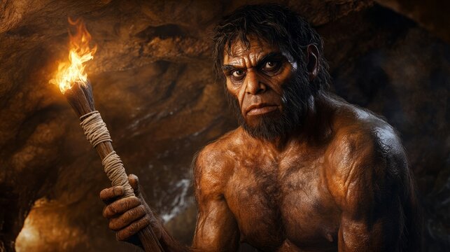 A Homo erectus man stands in a cave, holding a burning torch, his eyes fixed on the viewer.