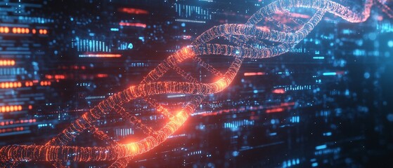 Obraz premium Glowing DNA Helix with Digital Data Background