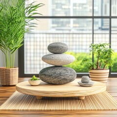 Tranquil Zen space, peace and harmony blending with mindfulness, 3D illustration