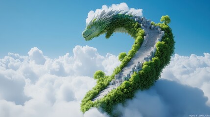 A trail leads to a surreal cityscape built on top of a giant, sleeping dragon, symbolizing the subconscious mind and its hidden potential.