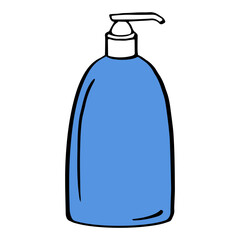 blue pump bottle with a pump dispenser on top, typically used for liquids like soap or lotion. illustration in flat style with outlines for cosmetics, beauty, , healthy body and care packaging design