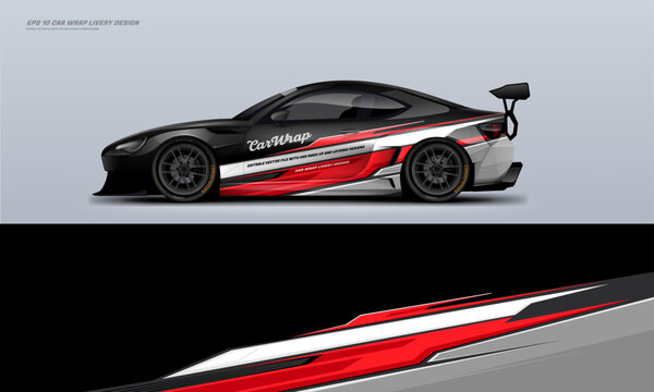 sporty Racing Car wrap livery design with a touch of red, black and white