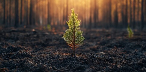 New Pine Sprout Emerging in Burned Forest. AI generated illustration
