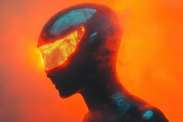 futuristic silhouette of a masked figure against a dramatic orange and teal gradient backdrop merging elements of mystery and technology in a captivating visual narrative