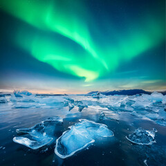 Aurora Borealis over Jokulsarlon Glacial Lagoon in Iceland. Gorgeous Icelandic landscape with...