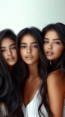 Obraz premium three young women with long, wavy hair for hair advertisment photoshoot.