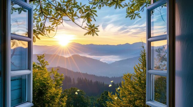 Beautiful sunrise view of mountains and valley through a window, peaceful landscape scenery
 Seamless looping 4k time-lapse virtual video animation Generated AI