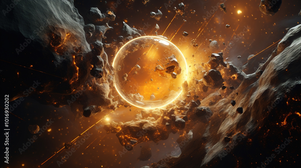 Poster abstract explosion in space with rocks and stones burst in flame, sci-fi and technology background