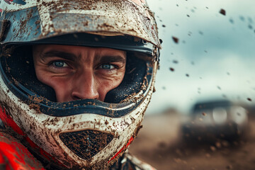 Rally driver man in a helmet on a dirty car background. Motorsport.