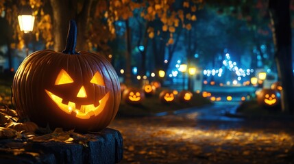 Fototapeta premium Halloween themed decoration in the park with pumpkins and party atmosphere