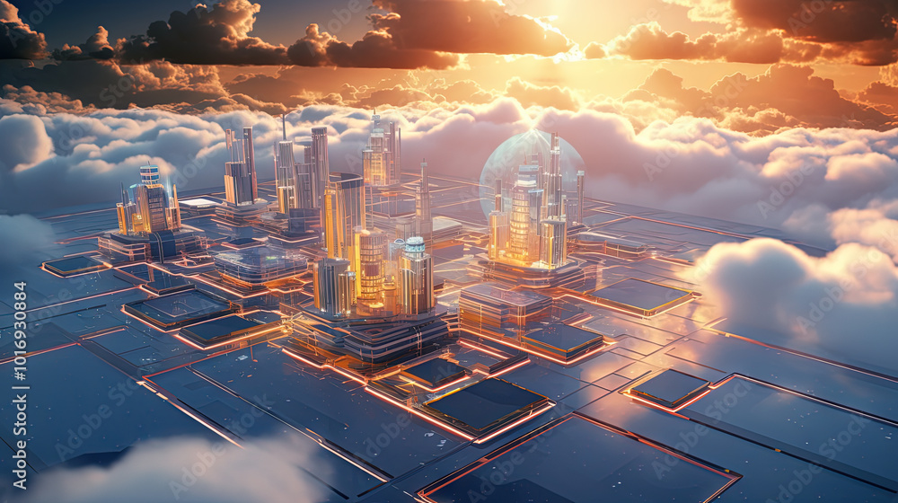 Aufkleber concept of a digital city with cloud connections. futuristic network in the clouds