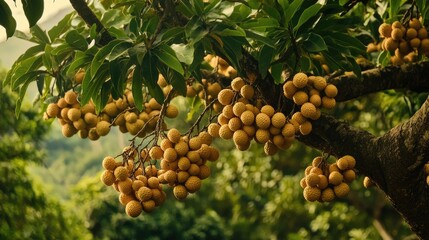 Ripe Lychee Fruits Hanging from a Tree Branch