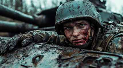 Fototapeta premium Wounded Soldier Behind Tank in Warzone