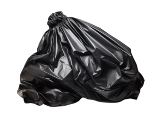 Black garbage bag on white background.