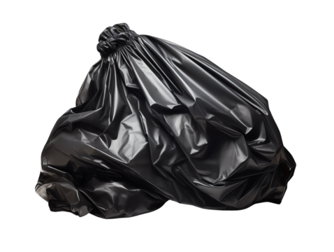 Black garbage bag on white background.