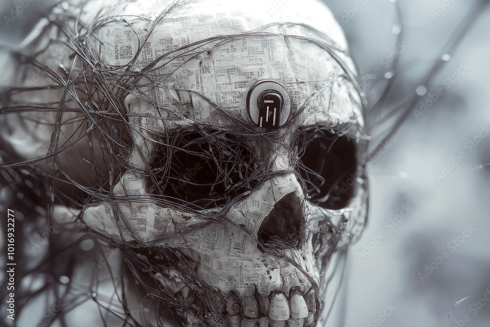Poster minimalist skull with a lock, where the bones are made of network wires and codes.