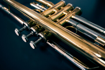 Naklejka premium Close-up of the valve buttons and pistons of a gold trumpet and dark background