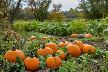 A large pile of orange pumpkins on a farm during autumn harvest, festive atmosphere.