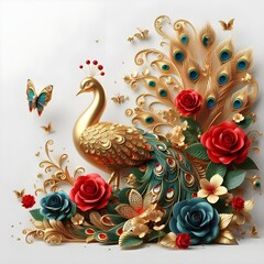 Naklejka premium Flowers and a peacock surround a peacock golden with color roses 
