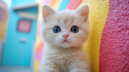 Cute soft toy cat on a colorful background 
