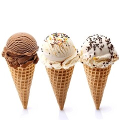 3 different scoops of ice cream cone dessert food white background.