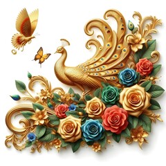 Obraz premium Flowers and a peacock surround a peacock golden with color roses 