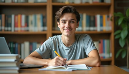 Happy Student Studying in Library. Looking at the camera.