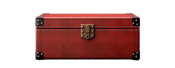 Vintage red storage trunk with metal accents.