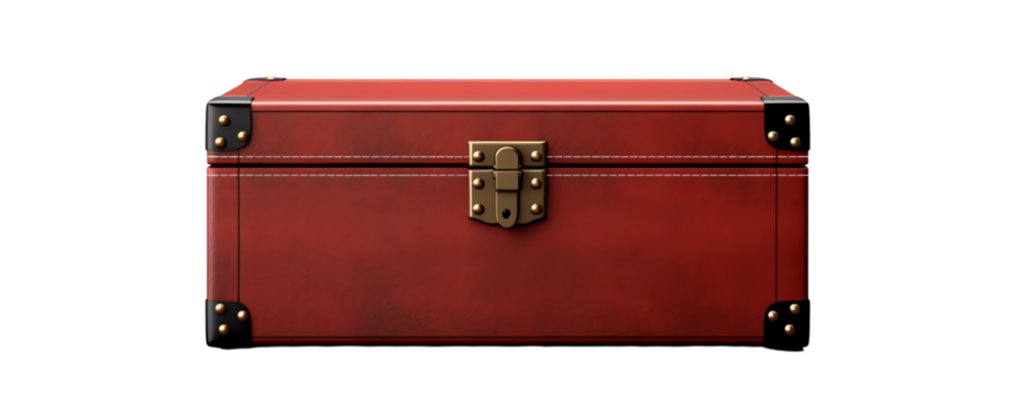 Vintage red storage trunk with metal accents.