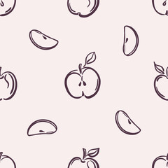 Seamless pattern of minimalist apples on beige background. Fruit harvest and organic food concept. Hand-drawn black lines. Cozy fall season. Vector autumn design for textile, wallpaper, wrapping paper