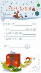 A letter for Santa Claus with lines to fill in wishes and data A snake wraps around a gift box