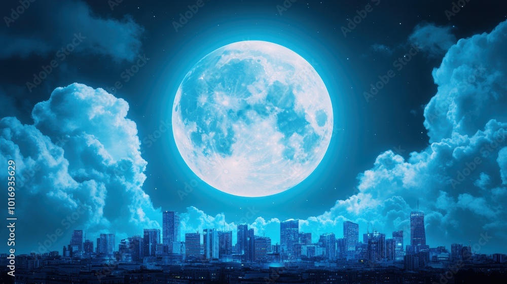 Poster a cityscape with a full moon casting a soft light on the buildings, creating a dreamy and enchanting