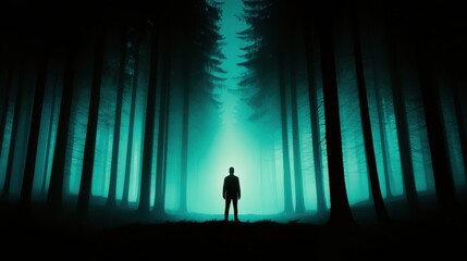 A shadowy figure standing in a dark forest, with a faint glow emanating from their silhouette, creating a sense of mystery.