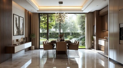 Fototapeta premium Modern dining area with large windows overlooking a garden, featuring elegant decor.