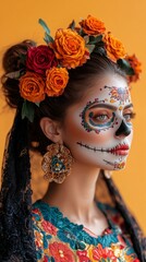 A young woman adorned in traditional clothing and bright flowers celebrates Day of the Dead. Her face is beautifully painted in intricate designs, embodying the festive spirit