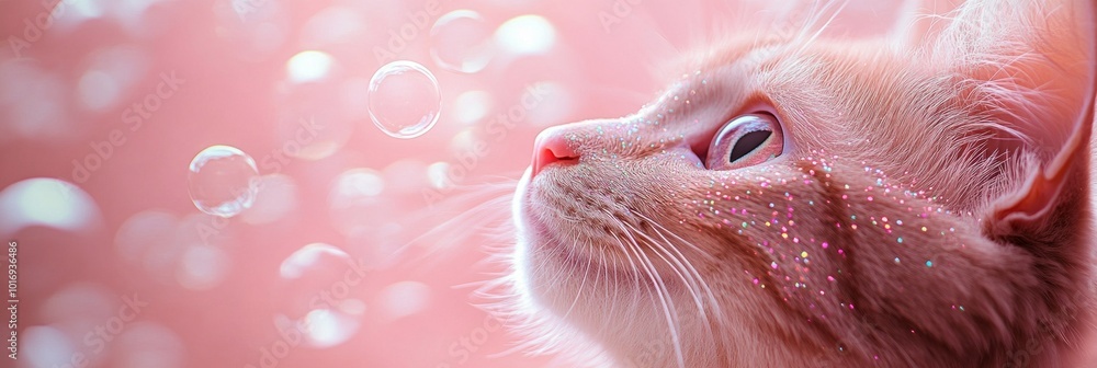 Poster a playful cat gazes at floating bubbles in a soft pink atmosphere. the image captures a whimsical mo
