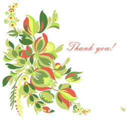 Card Thank you. Beautiful stylized floral ornament. Floral rhythmic pattern. Vintage botanical composition of fantastic plant element