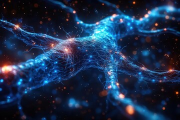 futuristic visualization of a neural network with glowing blue synapses create a sense of depth and complexity in this abstract representation of brain function