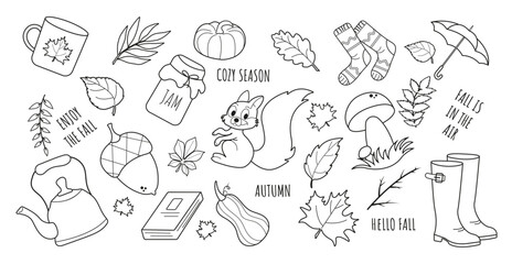 Autumn doodle set in hand drawn style. Mug, squirrel, leaves, maple, teapot, book, pumpkin, acorn, mushroom, boots, jam, socks, inscription, umbrella. Cozy fall collection. Cute season stickers.