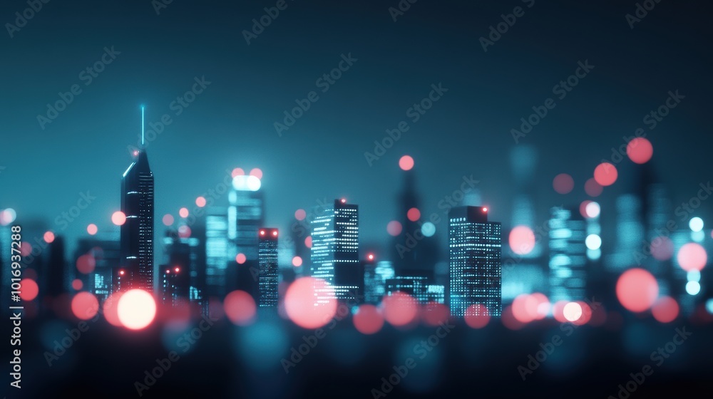 Poster A concept image depicting a city skyline with flash notifications appearing on buildings, representing the interconnectedness and communication capabilities of modern society.