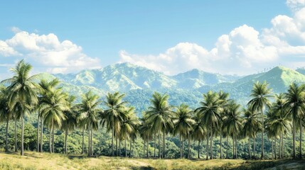 Tropical Landscape with Palm Trees and Mountains