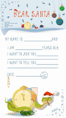 Fototapeta premium A letter for Santa Claus with lines to fill in wishes and data A snake wraps around the clock