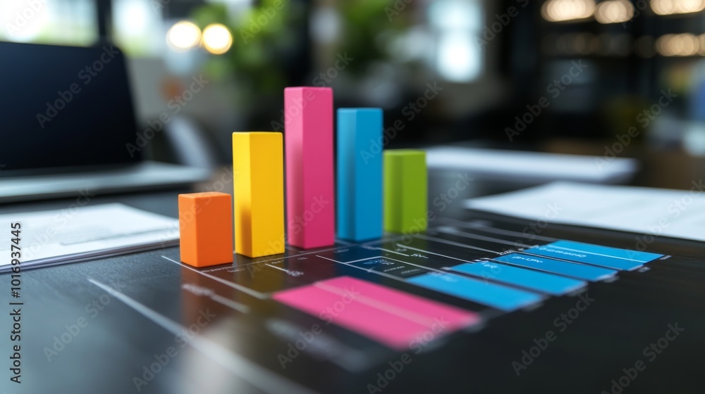 Fototapete colorful bar graph on table with data sheets