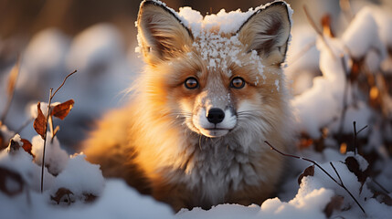 Obraz premium Face of red fox dusted with snow in winter forest