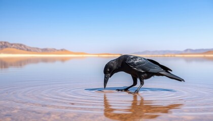 Fototapeta premium A black crow drinks from a still, clear lake in the desert. The water reflects the bright blue sky and the brown sand dunes beyond.